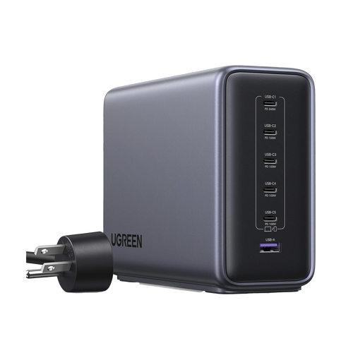 Cargador rapido de escritorio GaN de 500 W y 6 puertos.