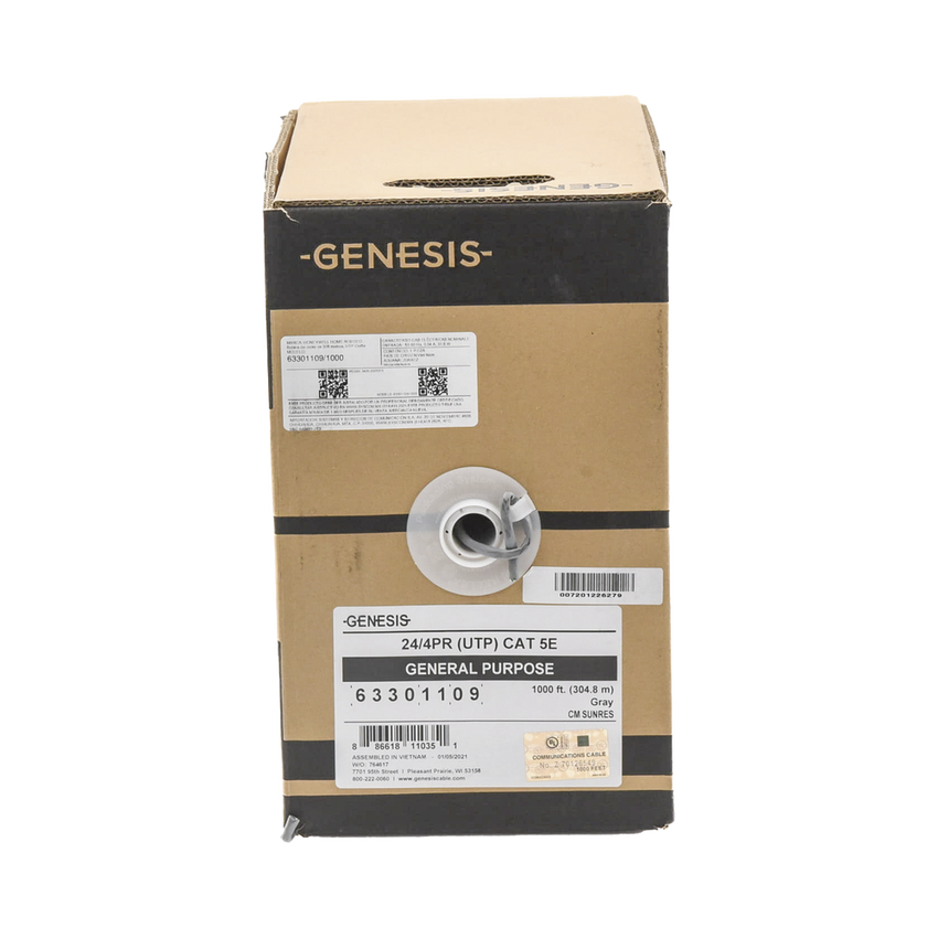 Bobina de Cable de 305 Metros (1000 Pies) UTP Cat5e / Color Gris / UL, CM, Probado a 350 Mhz / Para Aplicaciones de CCTV, Redes de Datos, IP Megapixel, Control RS485