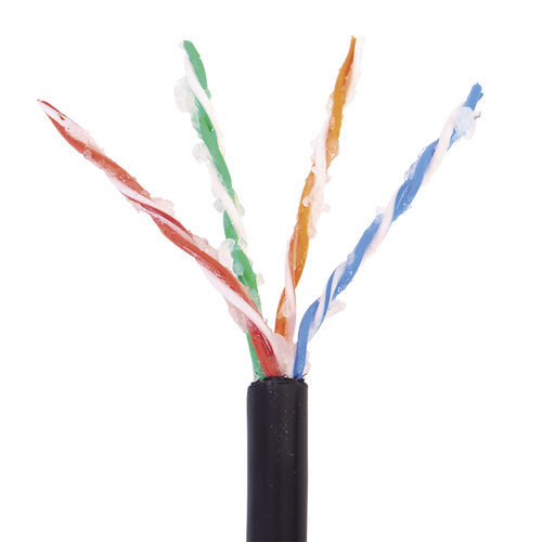 Bobina de 305 Metros (1000 Pies) Cat5e con Gel para Exterior, Color Negro, para Aplicaciones en Sistemas de Redes de Datos y Cableado Estructurado. Uso Intemperie.