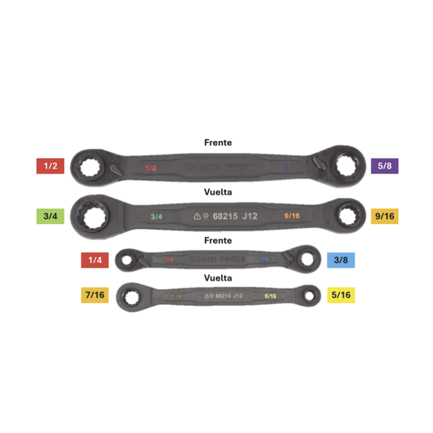 Juego de 2 llaves Estriadas de Matraca 4 en 1 con 8 Medidas Inglesas 1/2-5/8", 3/4-9/16", 1/4-3/8", 7/16-5/16"