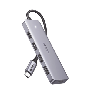 HUB USB-C 3.0 4 EN 1 | 4 Puertos USB-A (5Gbps) | Carcasa ABS + PC | Soporta OTG | Luz Indicadora LED | Compatible con iPhone 15 Pro MAX) | Interfaz Niquelada | Color Gris Metalizado | Cable de 15cm.