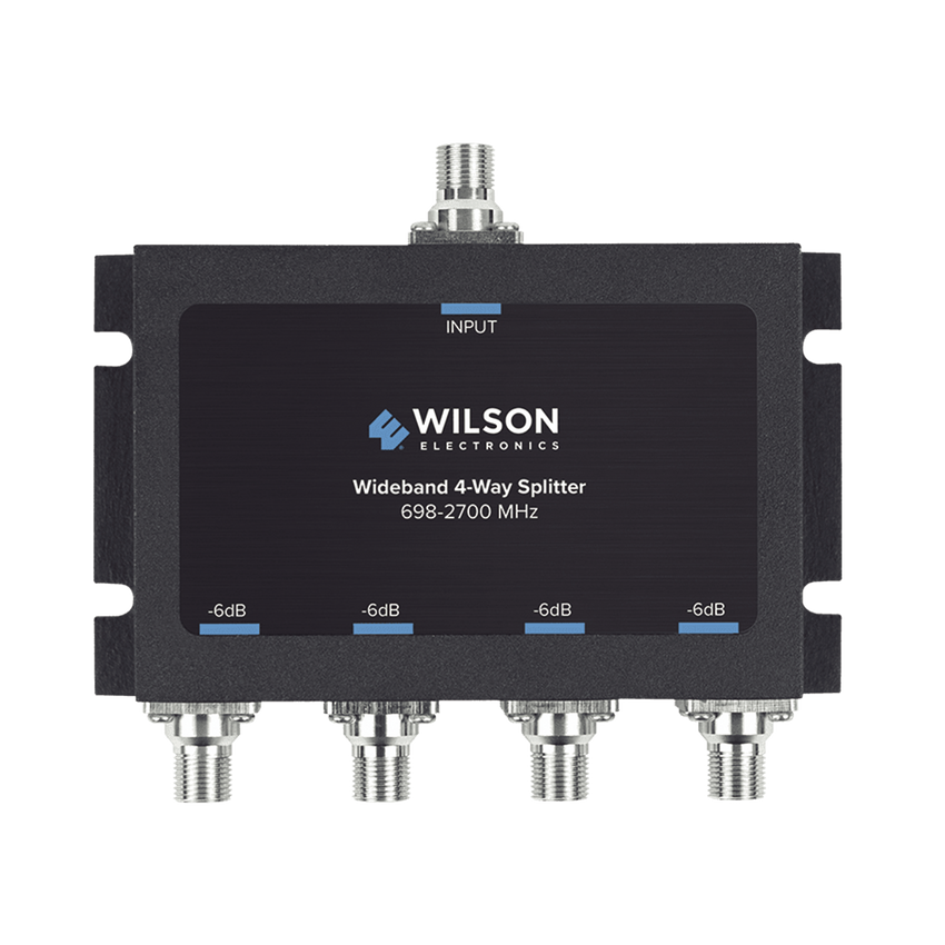 Divisor de potencia de 4 vías para la distribución de señal a dos antenas de servicio | 6 dB de pérdida por puerto | Conectores F hembra
