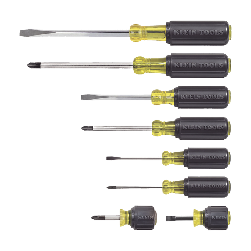 Juego de 8 Desarmadores con Mango Cushion-Grip™: 2 de punta Plana de 1/4'' (6.4 mm) y 5/16'' (7.9 mm); 2 de punta Cabinet de 5/16'' (7.9 mm) y 3/16'' (4.8 mm); tres de punta Phillips n.º 1, n.º 2 y n