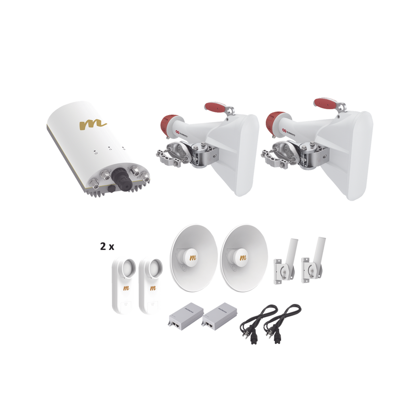 Kit completo para WISP, Kit de radio A5c, 2 antenas sectoriales HG3CCA60 de 60º, y 2 kit C5XPTPKIT3, ideal para hasta 7 km, y cobertura de hasta 120º, POEs, Cables de alimentación Y Jumpers incluidos.