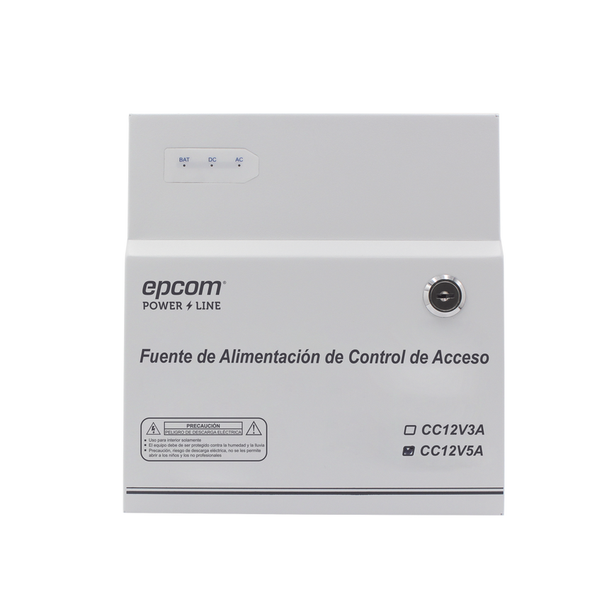 Fuente de Poder / 1 Salida 11-15 Vcc /  5 A / Temporizador Integrado / Con Capacidad de Batería de Respaldo / Requiere Batería / Aplicaciones en sistemas de control de Acceso