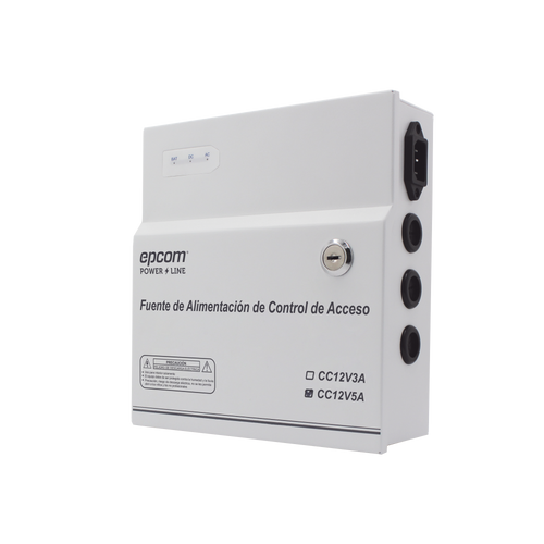 Fuente de Alimentación / 1 Salida 11-15 Vcc /  5 A / Temporizador Integrado / Con Capacidad de Batería de Respaldo / Requiere Batería / Aplicaciones en sistemas de control de Acceso