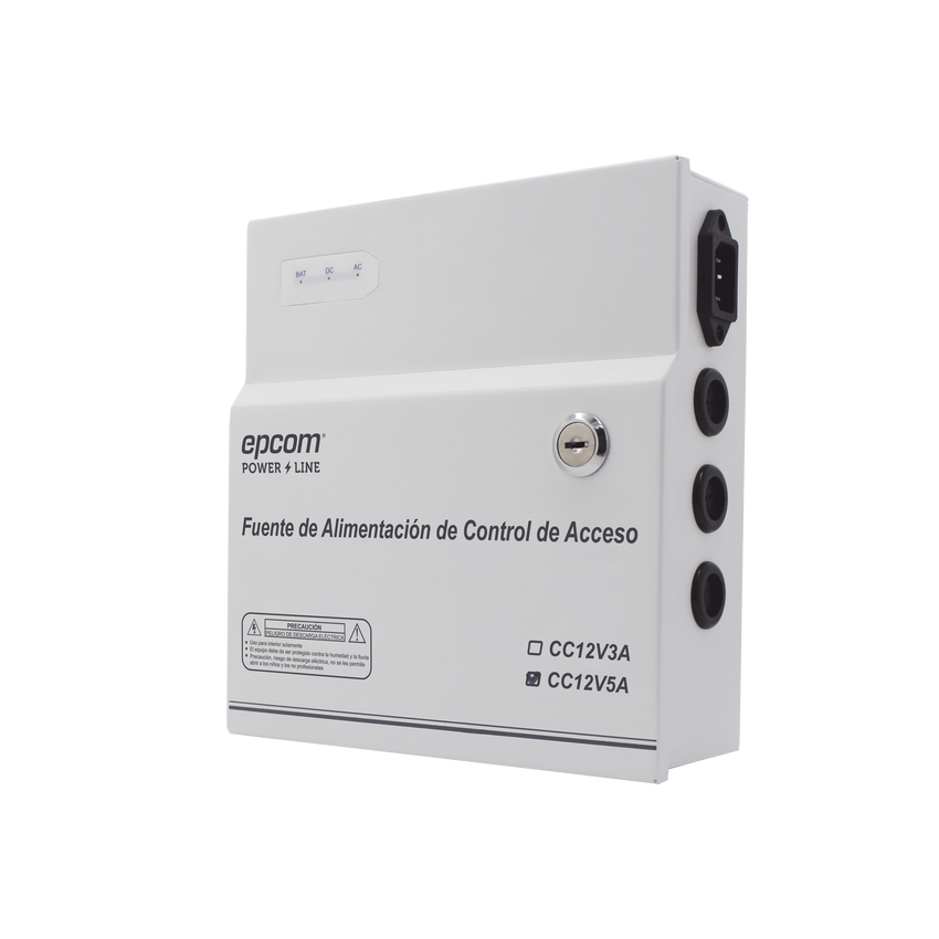 Fuente de Alimentación / 1 Salida 11-15 Vcc /  5 A / Temporizador Integrado / Con Capacidad de Batería de Respaldo / Requiere Batería / Aplicaciones en sistemas de control de Acceso