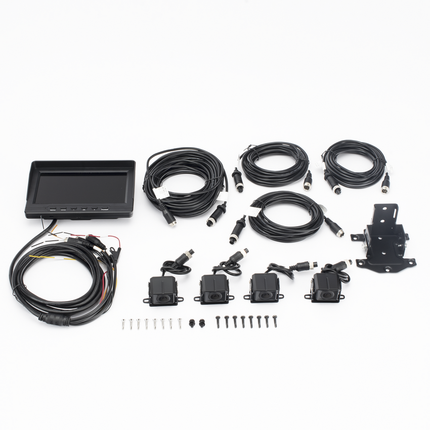 Sistema de Monitoreo Local / 4 Cámaras 1080p para Exterior (IP68) y Pantalla LCD de 7" a Color / Memoria Micro SD de 64 GB (Expandible a 512 GB) / Soporta Cambio de Cámara al Dar Reversa al Vehiculo / Accesorios de Instalación