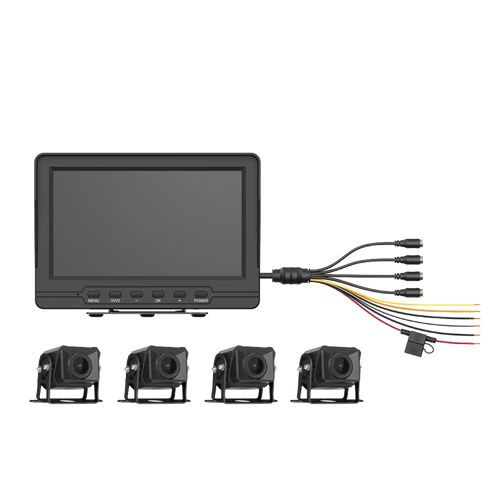 Sistema de Monitoreo Local / 4 Cámaras 1080p para Exterior (IP68) y Pantalla LCD de 7" a Color / Memoria Micro SD de 64 GB (Expandible a 512 GB) / Soporta Cambio de Cámara al Dar Reversa al Vehiculo / Accesorios de Instalación