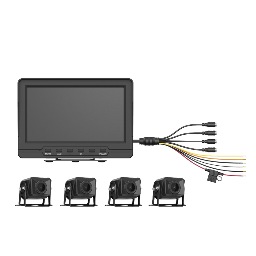 Sistema de Monitoreo Local / 4 Cámaras 1080p para Exterior (IP68) y Pantalla LCD de 7" a Color / Memoria Micro SD de 64 GB (Expandible a 512 GB) / Soporta Cambio de Cámara al Dar Reversa al Vehiculo / Accesorios de Instalación