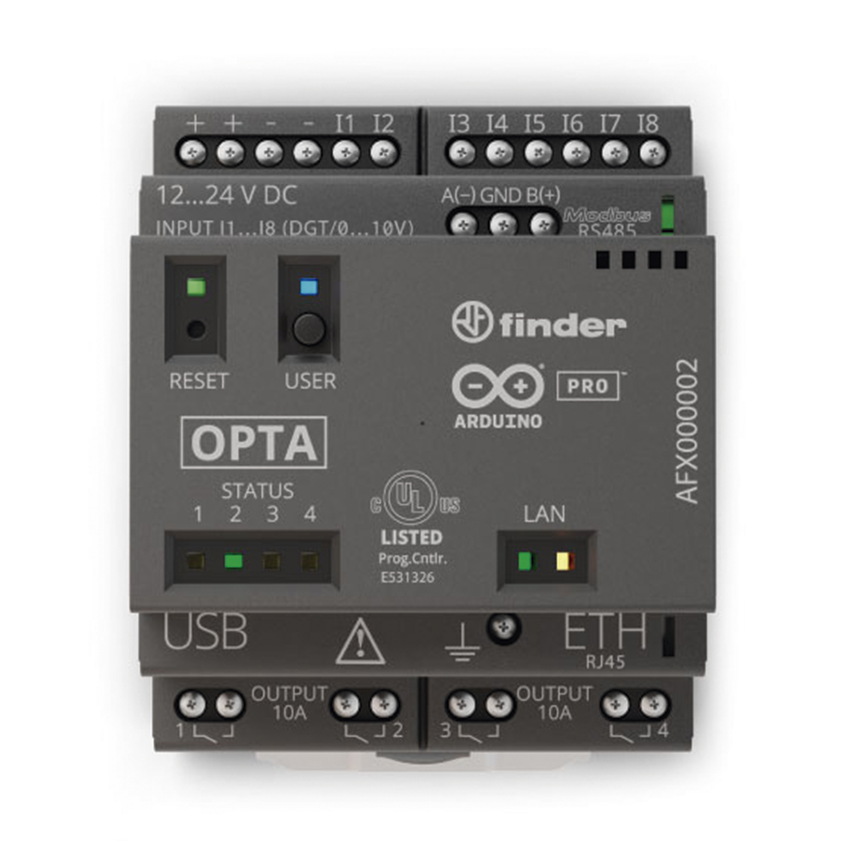 PLC Industrial Arduino Opta / Micro PLC IoT / Dual-core STM32H747XI / 8 Entradas Analógicas-Digitales / 4 Relés 10A / Ethernet / RS-485 / WiFi / Bluetooth / Programación IEC-61131-3 / IP20