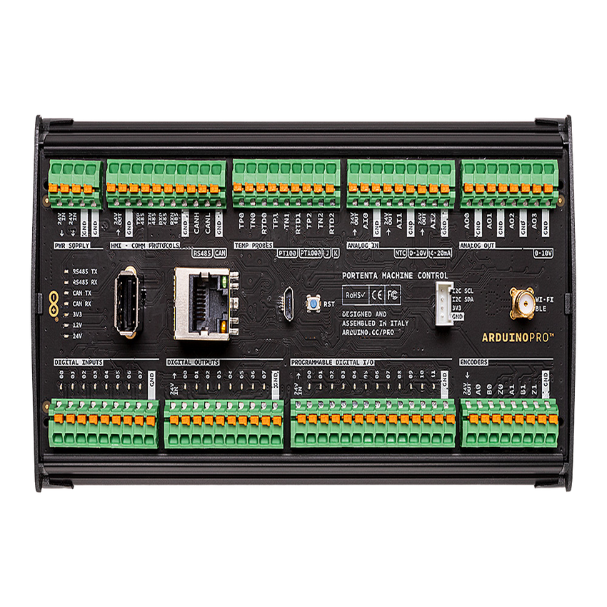 Controlador Industrial Arduino Portenta Machine Control / STM32H747XI Dual Cortex / 24V DC / 8 Entradas Digitales / 8 Salidas Digitales / 12 I/O Programables / 3 Entradas Analógicas / 4 Salidas Analógicas / 3 Canales Temperatura / CAN / Ethe