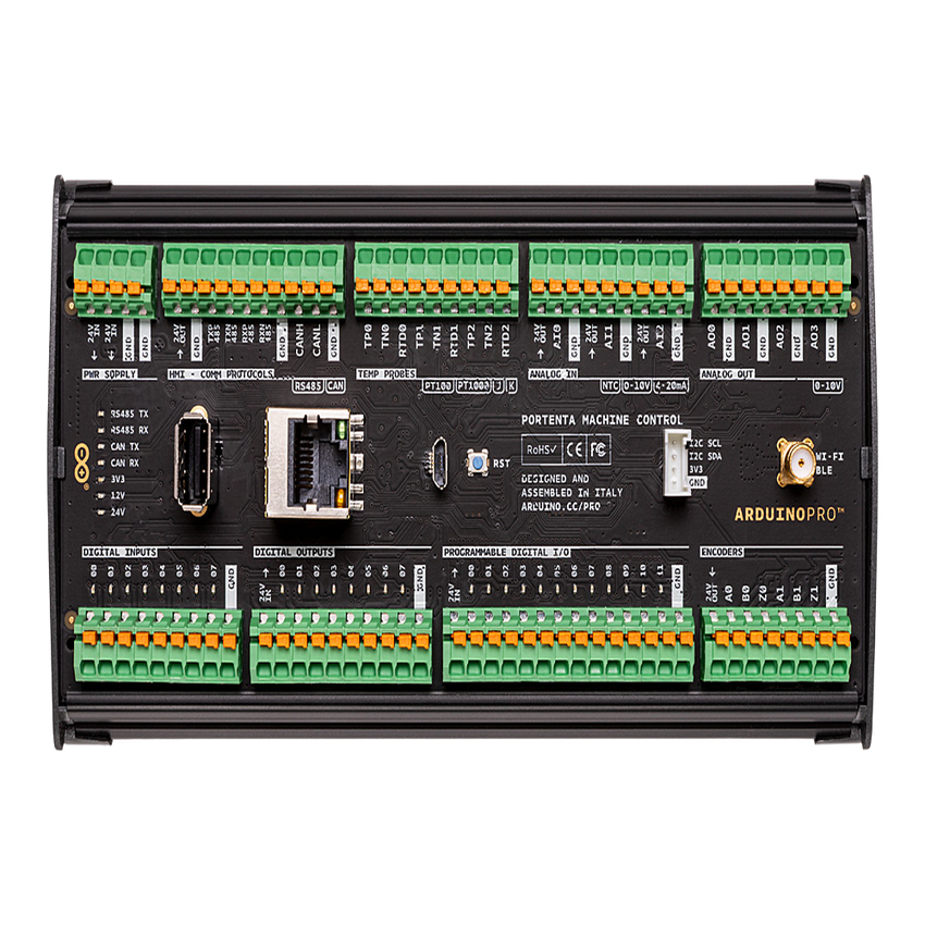 Controlador Industrial Arduino Portenta Machine Control / STM32H747XI Dual Cortex / 24V DC / 8 Entradas Digitales / 8 Salidas Digitales / 12 I/O Programables / 3 Entradas Analógicas / 4 Salidas Analógicas / 3 Canales Temperatura / CAN / Ethe