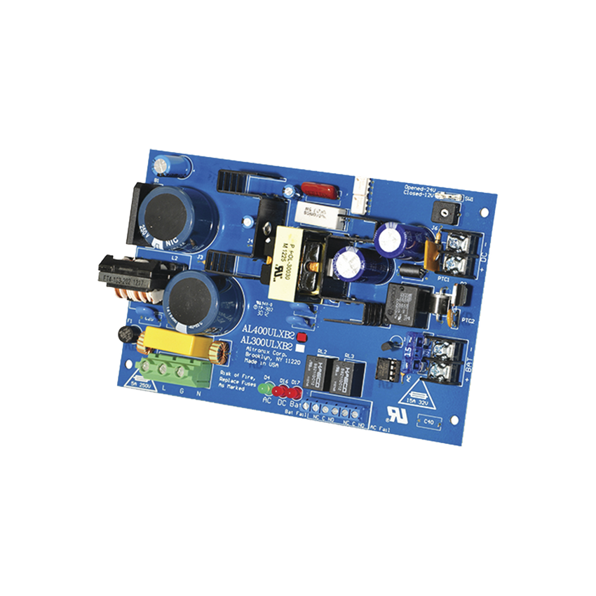 Fuente de alimentacion tipo tarjeta, salida seleccionable de 4 A@12 y 24 Vcc @ 3 A, capacidad de respaldo, reley de supervision