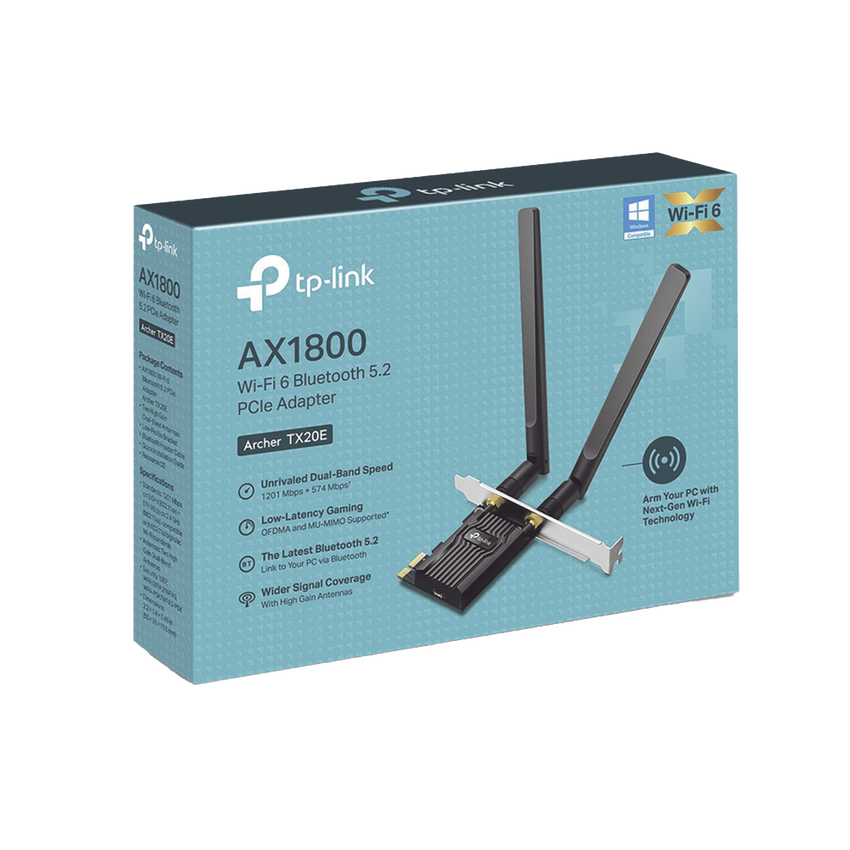 Adaptador  PCIe inalámbrico doble banda AX1800 Mbps / Seguridad Inalámbrica WPA3 /Antena de alta ganancia / Tecnología MU-MUMO 2X2 / Soporte de perfil bajo y Altura completa / Bluetooth 5.2
