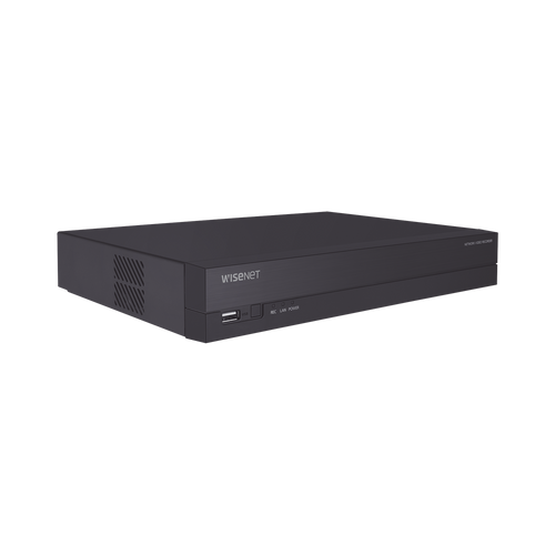 NVR 4 canales grabacion hasta 8MP / H.265, H.264 / P2P Wisenet / 4 puertos PoE Plug and play / soporta 1 disco duro (no incluido).