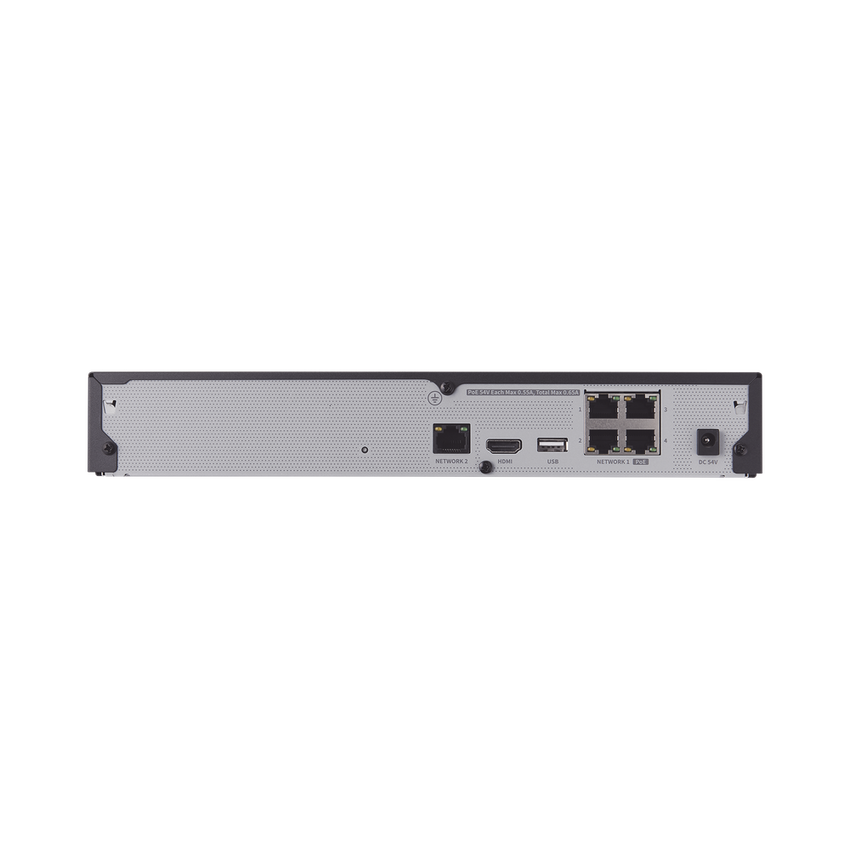 NVR 4 canales grabacion hasta 8MP / H.265, H.264 / P2P Wisenet / 4 puertos PoE Plug and play / soporta 1 disco duro (no incluido).
