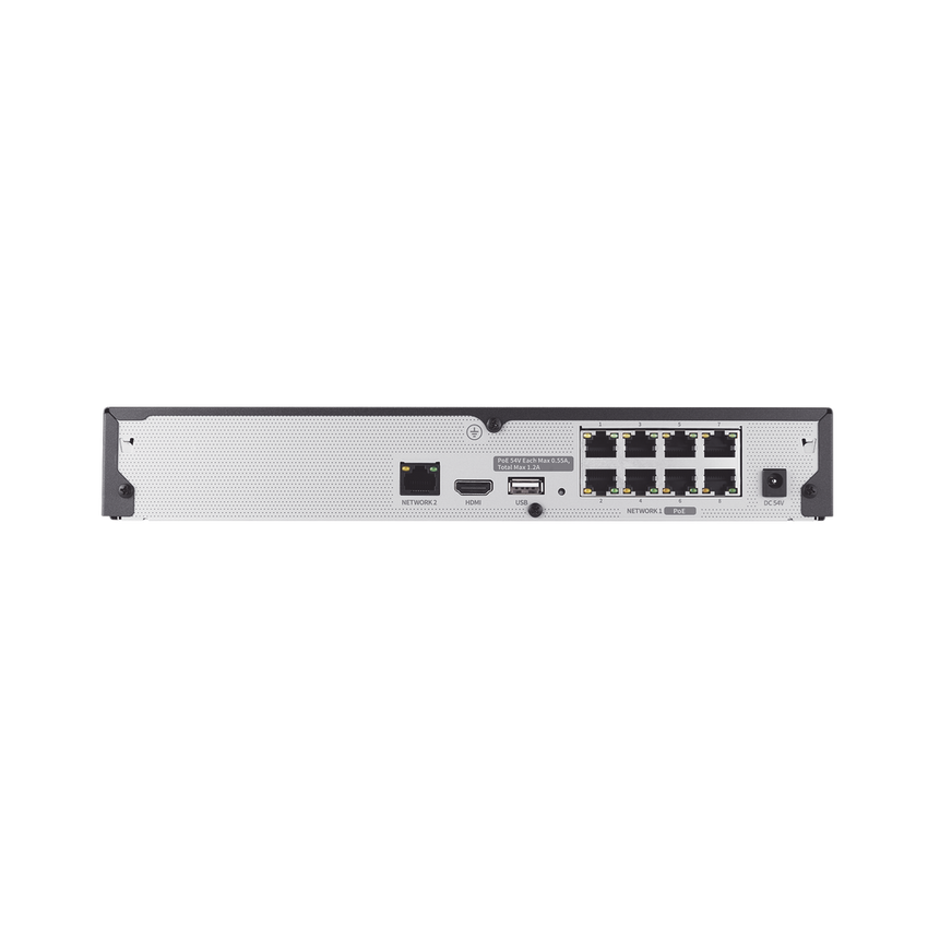 NVR 8 canales soporta hasta 8MP / H.265 / P2P Wisenet / 8 puertos PoE Plug and Play.