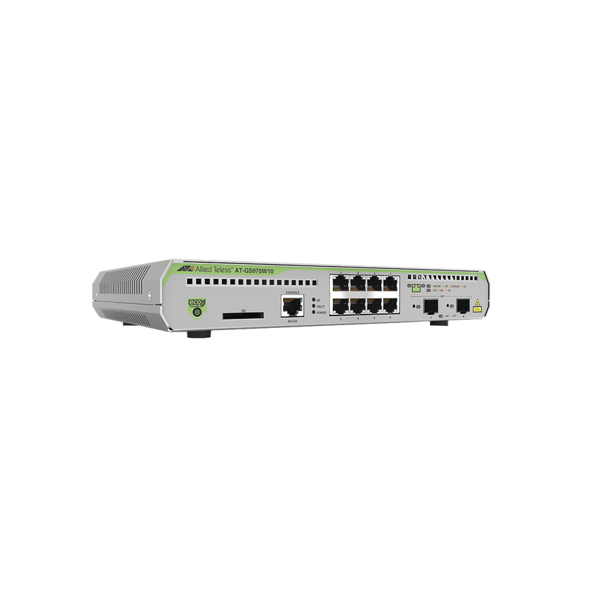 Switch Administrable CentreCOM GS970M, Capa 3 de 8 Puertos 10/100/1000 Mbps + 2 puertos SFP Gigabit