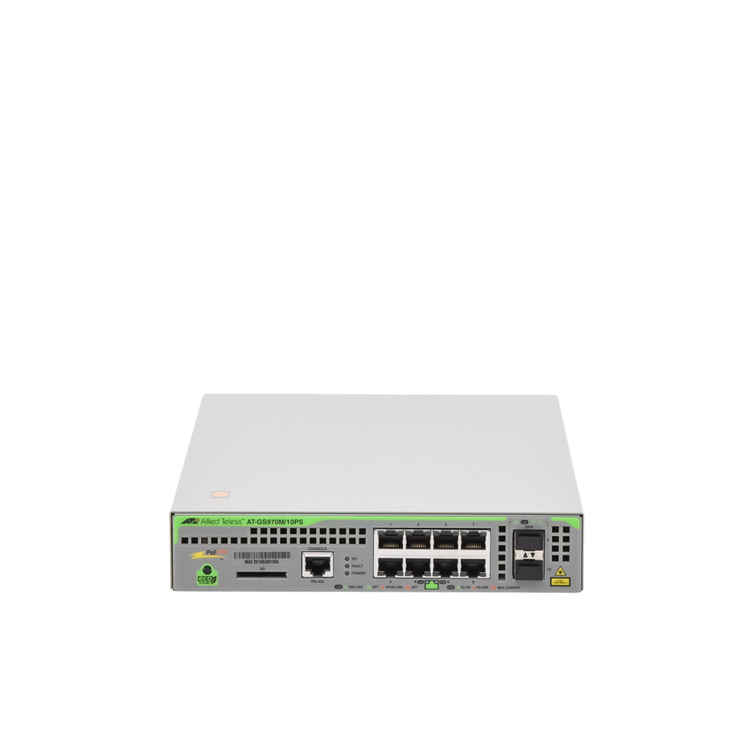 Switch PoE+ Administrable CentreCOM GS970M, Capa 3 de 8 Puertos 10/100/1000 Mbps + 2 SFP Gigabit, 124 W