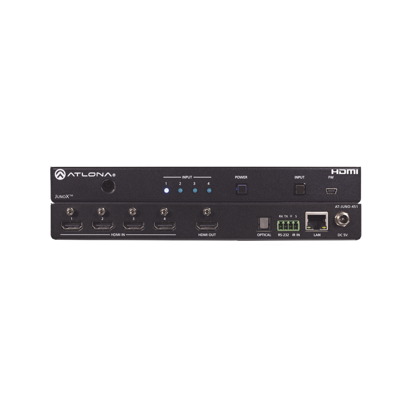 Atlona JunoX™ Switch HDMI 4K UHD HDR 4x1 / Conmutación Automática, Compatible HDCP 2.2, Funciones de Gestión EDID, Canal ARC y Salida TOSLINK.