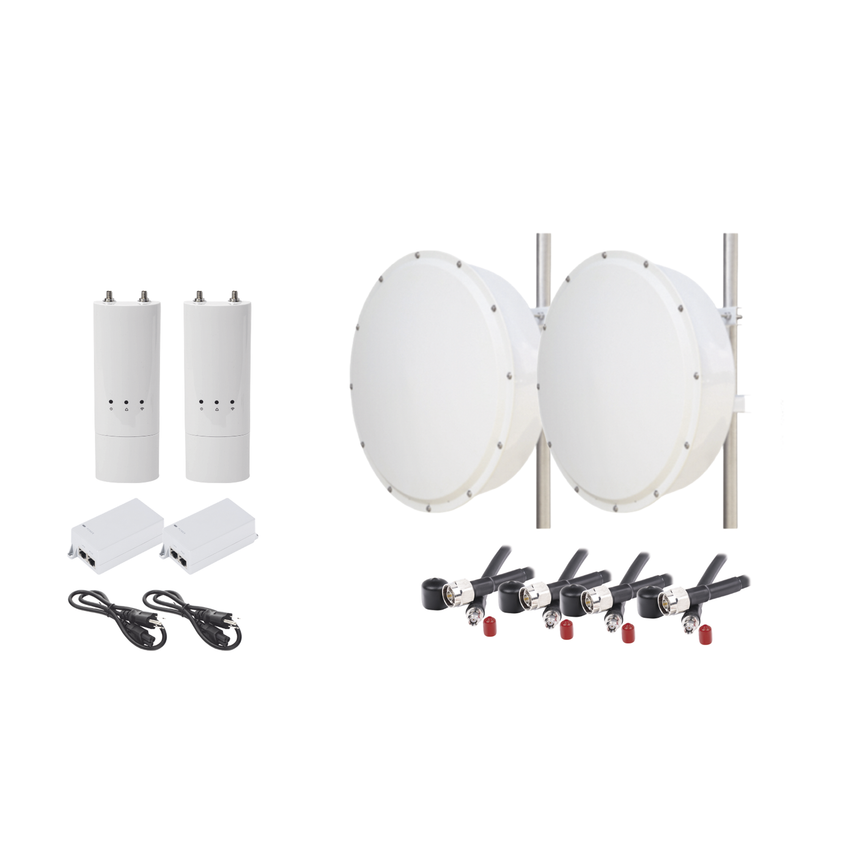 Kit de 2 radios C5C, 2 antenas de 30 dBi con rango de frecuencias (4.9-6.5 GHz), incluye jumpers y radomo, ideal para distancias de hasta 30km