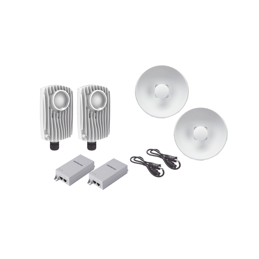 Kit de 2 radios C6X con 2 antenas de (25 dBi), rango de frecuencia extendida (5.1 a 6.4 GHz),  incluye inyector POE, cable de alimentación y 2 FLEXIMOUNT-XL para alineación