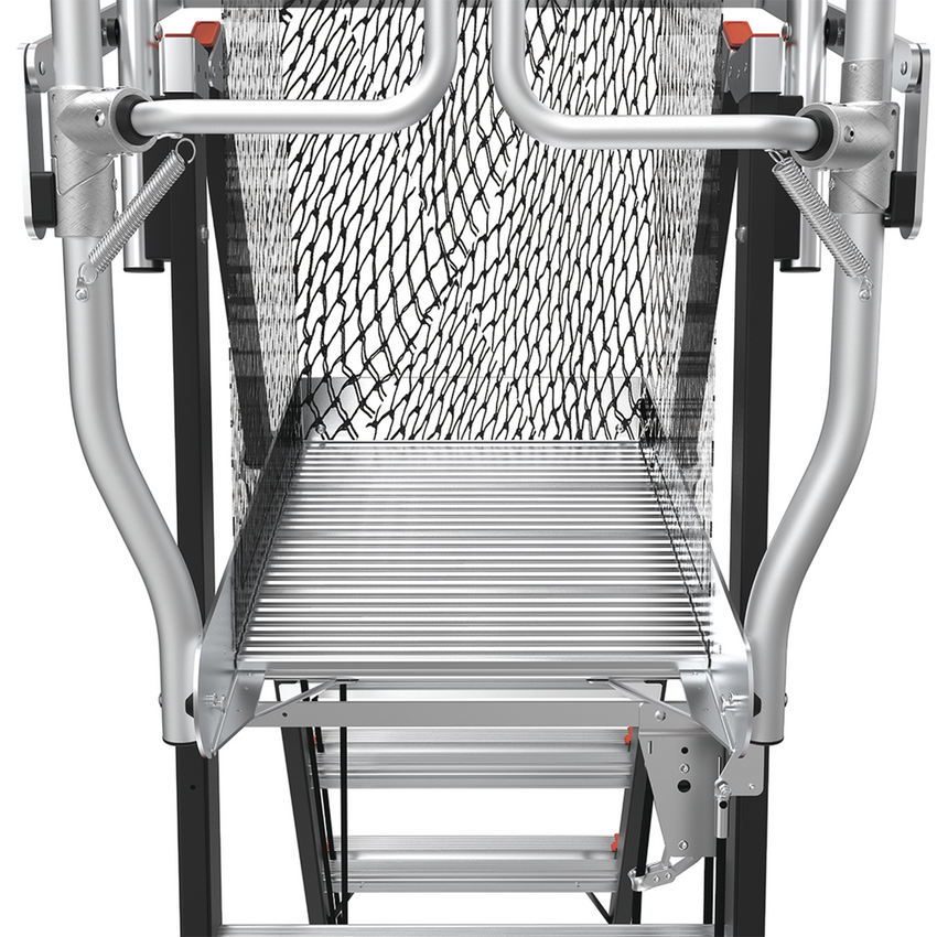 Escalera de Fibra de Vidrio  con Jaula de 8'-14' (2.44 - 4.27 m). Con Ajuste en Ruedas (RATCHET™ Leveler) (SKU:18515-817).