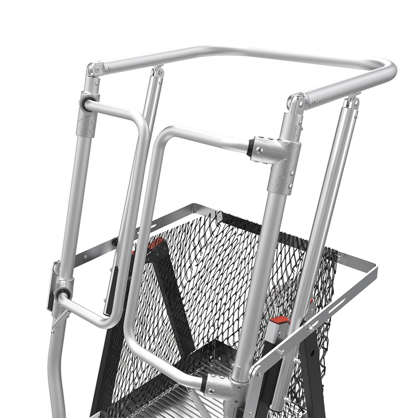 Escalera de Fibra de Vidrio  con Jaula de 8'-14' (2.44 - 4.27 m). Con Ajuste en Ruedas (RATCHET™ Leveler) (SKU:18515-817).