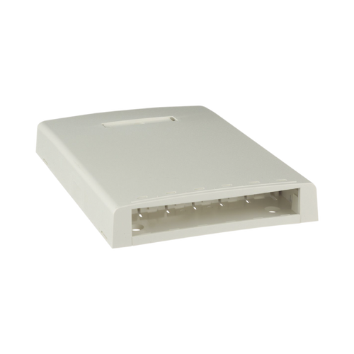 Caja de Montaje en Superficie, con Accesorio para Resguardo de Fibra Óptica, para 6 Módulos Mini-Com, Color Blanco Mate