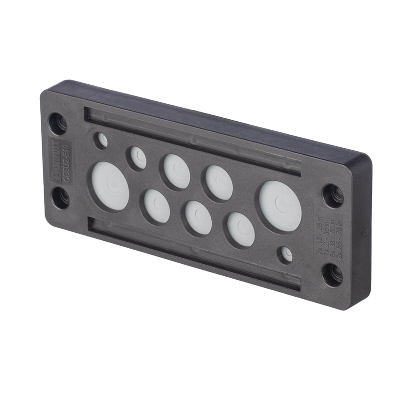Pasacable de 10 Orificios de Marco Rectangular, IP65, 4.41" X 1.42", para Cables no Terminados, Color Negro.