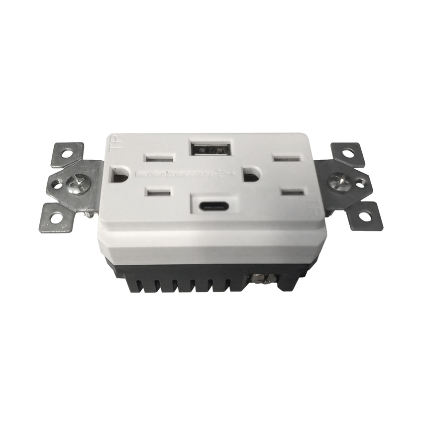 Contacto Dúplex con puertos USB Tipo A y C, 15 A, 100 - 240 V, USB 5 V, Incluye la Placa.