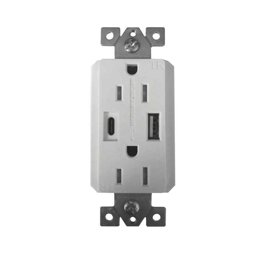 Contacto Dúplex con puertos USB Tipo A y C, 15 A, 100 - 240 V, USB 5 V, Incluye la Placa.