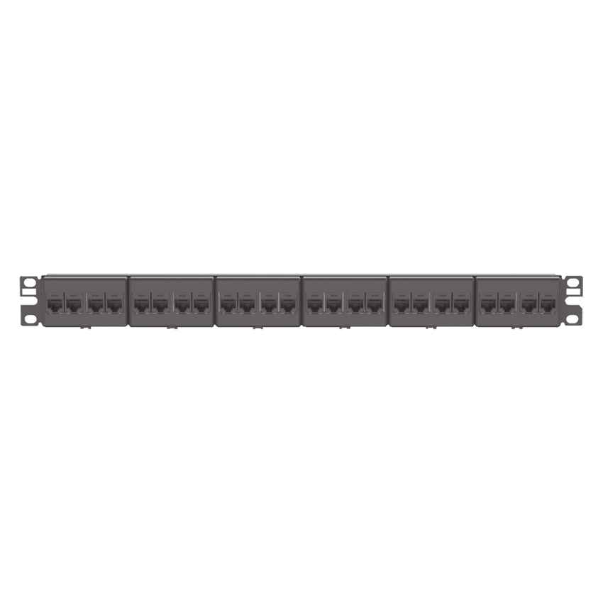 Panel de Parcheo con 24 Acopladores Mini-Com, Plano, Categoría 6, de 1 UR, Color Negro