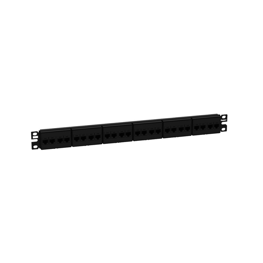 Panel de Parcheo con 24 Acopladores Mini-Com, Plano, Categoría 6A, de 1 UR, Color Negro
