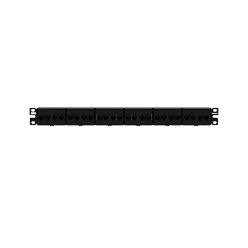 Panel de Parcheo con 24 Acopladores Mini-Com, Plano, Categoría 6A, de 1 UR, Color Negro