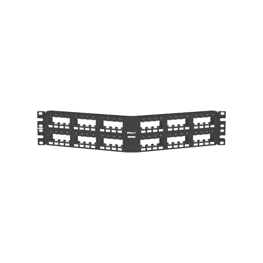 Panel de Parcheo Modular Mini-Com (Sin Conectores), Angulado Instalación la Ras, Sin Blindaje, de 48 Puertos, 2UR