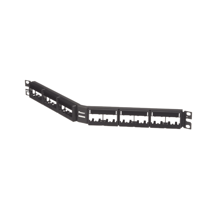 Panel de Parcheo Modular Mini-Com (Sin Conectores), Angulado, Sin Blindaje, Con Etiqueta y Cubierta, de 24 Puertos, 1UR
