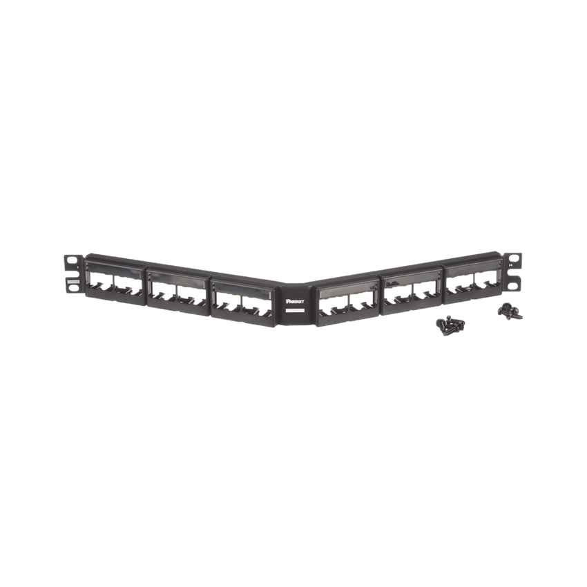 Panel de Parcheo Modular Mini-Com (Sin Conectores), Angulado, Sin Blindaje, Con Etiqueta y Cubierta, de 24 Puertos, 1UR