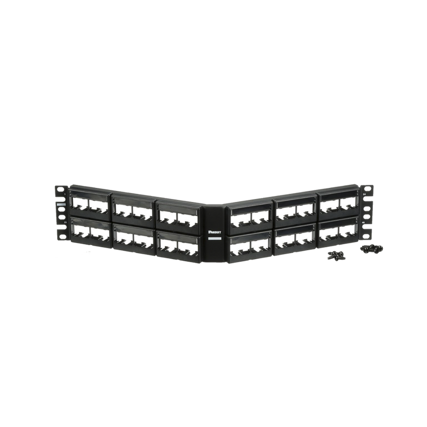 Panel de Parcheo Modular Mini-Com (Sin Conectores), Angulado, Sin Blindaje, Con Etiqueta y Cubierta, de 48 Puertos, 2UR