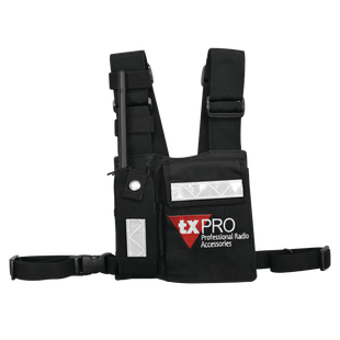 Pechera Universal con soporte para radio, sostén de bolígrafo y seguridad para la bolsa con cinta adherente. Logo TX-PRO.