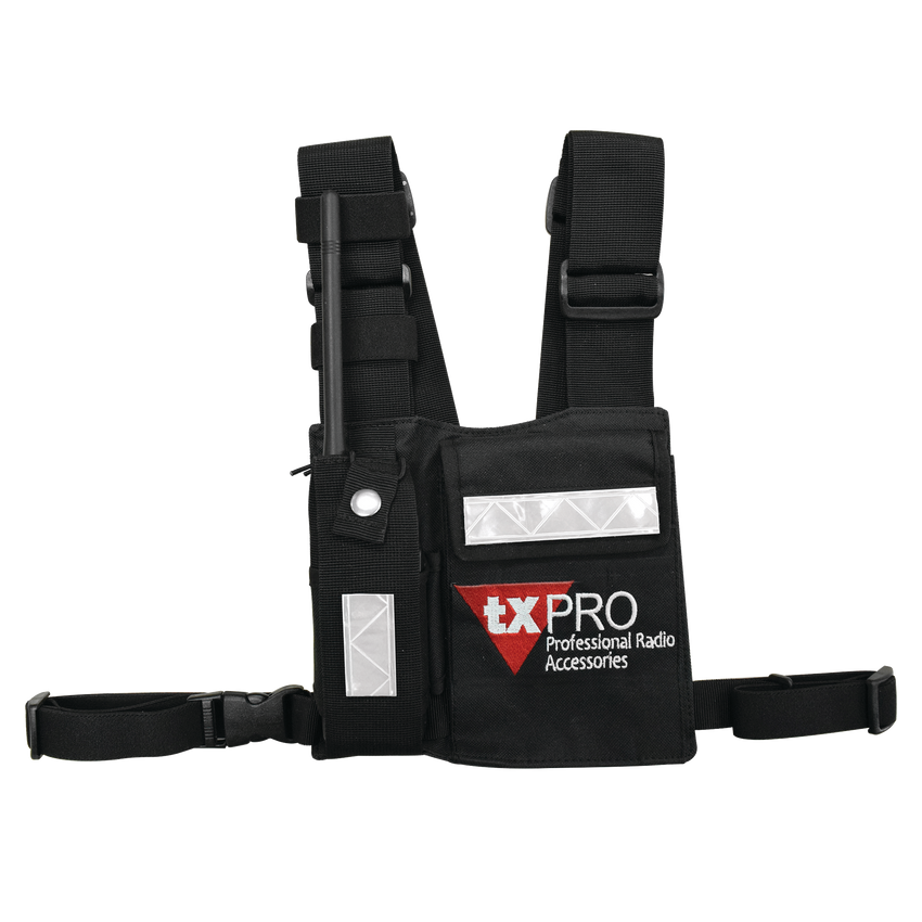 Pechera Universal con soporte para radio, sostén de bolígrafo y seguridad para la bolsa con cinta adherente. Logo TX-PRO.