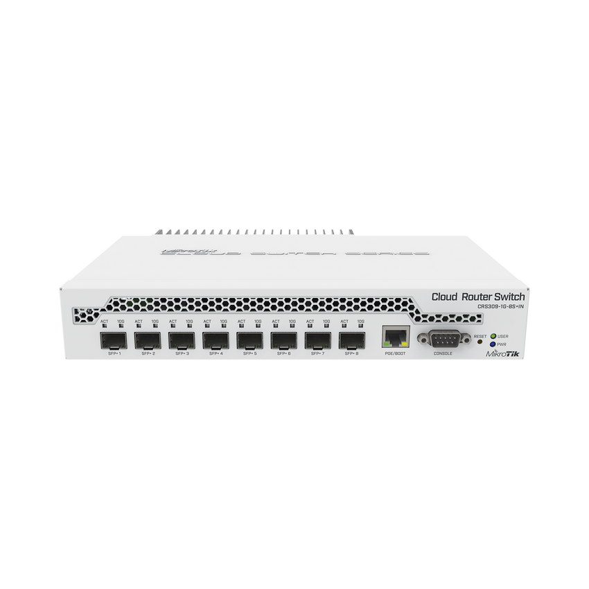 (CRS309-1G-8S+IN) Switch administrable Sistema Operativo Dual, puerto 1G Rj45, 8 puertos 10G SFP+ para Escritorio