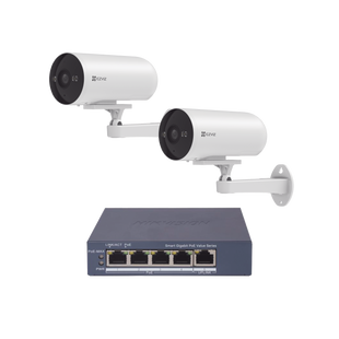 Kit de cámaras PoE Para Uso en Exterior / PoE Estandar Af / 2 piezas CS-H5/3MP/ 1 Pieza de Switch DS-3E1505P-EI/M / Vision Nocturna a Color / IP67 / Audio Bidireccional / Luz y Sirena / 4 Puertos 1000 Mbps PoE+ / 1 Puerto 1000 Mbps Uplink