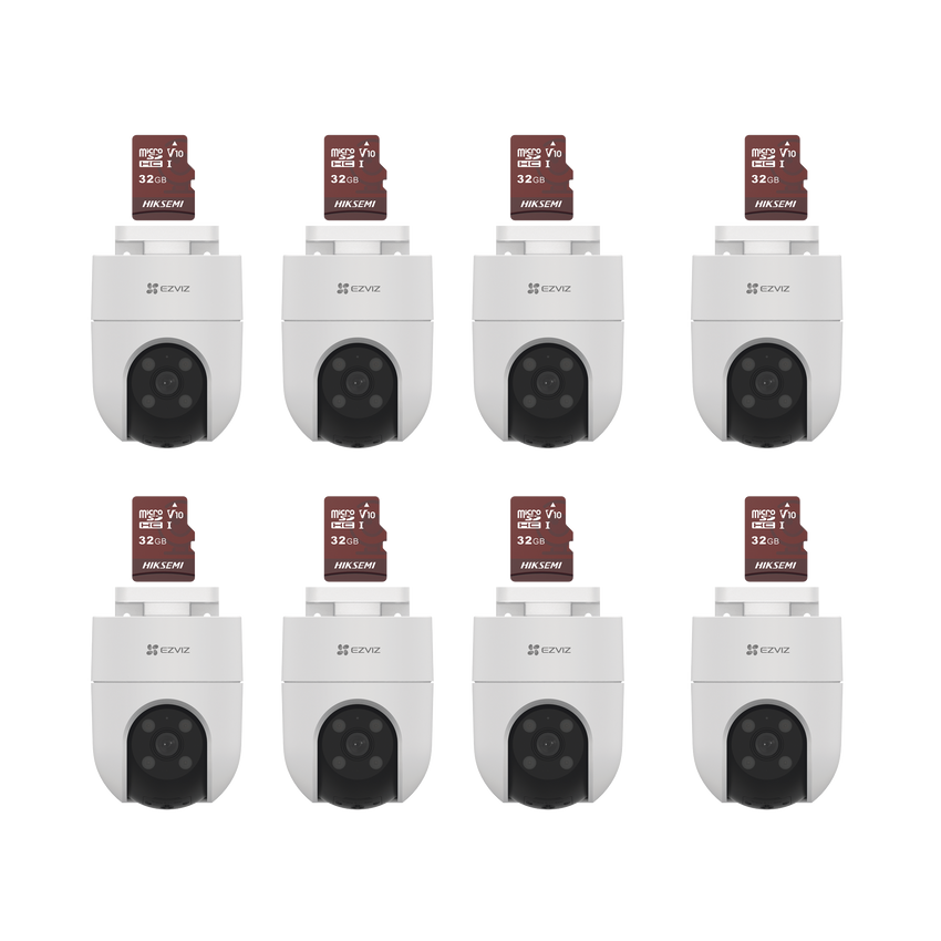 Kit de Camaras WiFi, Incluye 8 Piezas CS-H8C y 8 Piezas HS-TF-E1/32G / Audio de Dos Vías / Detección de Movimiento /  Luz Blanca / Sirena  /  Uso en Exterior con Protección