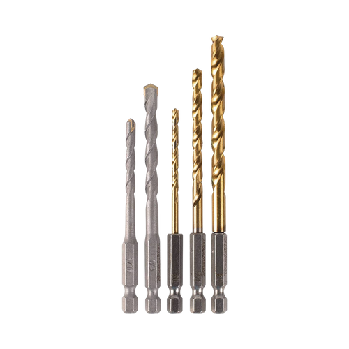 Juego de 5 Brocas con Inserción Hexagonal de 1/4". De concreto: 3/16" y 1/4". Para metal: 1/8", 3/16" y 1/4".