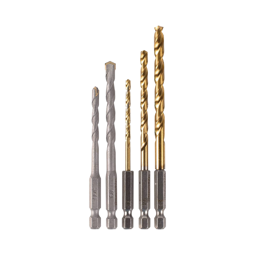 Juego de 5 Brocas con Inserción Hexagonal de 1/4". De concreto: 3/16" y 1/4". Para metal: 1/8", 3/16" y 1/4".