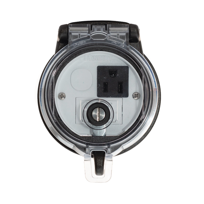 Dispositivo Circular de Puertos de Acceso a Datos, Con Dos Espacios Para Módulos Mini-Com y Un Receptáculo NEMA 5-15R, Protección IP66, de 3" de Diámetro