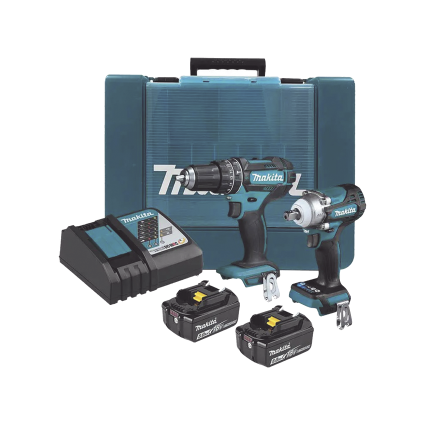 Kit de Rotomartillo Atornillador DHP482 + Atornillador de Impacto DTW301, incluye 2 Baterías BL1850B, 1 Cargador DC18SD y Maletín Plastico