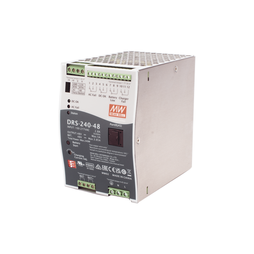 Fuente de Poder Industrial de 240W con Cargador de Baterías, salida 48Vcc, 5A, para montaje Riel Din